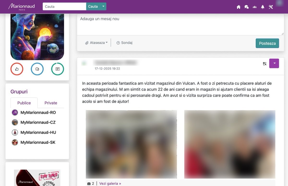 Comunicare internă. Rețea socială pentru echipe: postări, sondaje, galerii foto și grupuri pe țări.